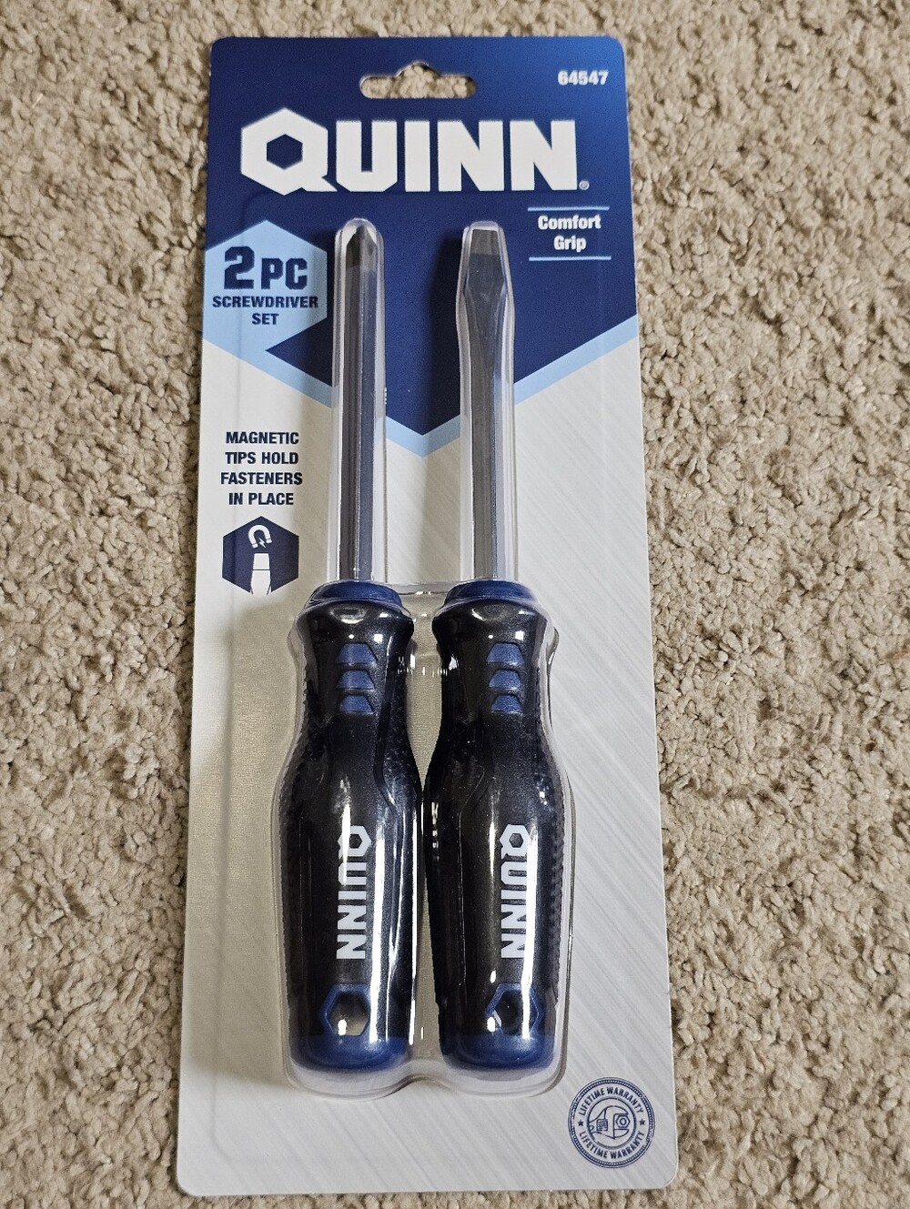 New! Quinn 2 pc Screwdriver Set Phillips & Slotted - Magnetc Tips & Comfort Grip